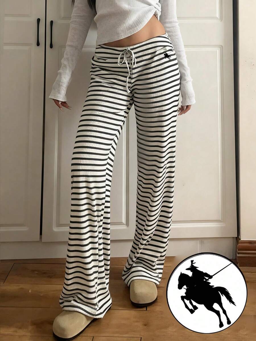 CovetEZ 女式低腰条纹拉绒抽绳瑜伽休闲阔腿裤，秋冬 - 黑與白 - 查看 1
