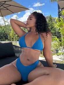 Alexandranx Conjunto de bikini halter con lazo de unicolor para mujer - Azul - Ver 4