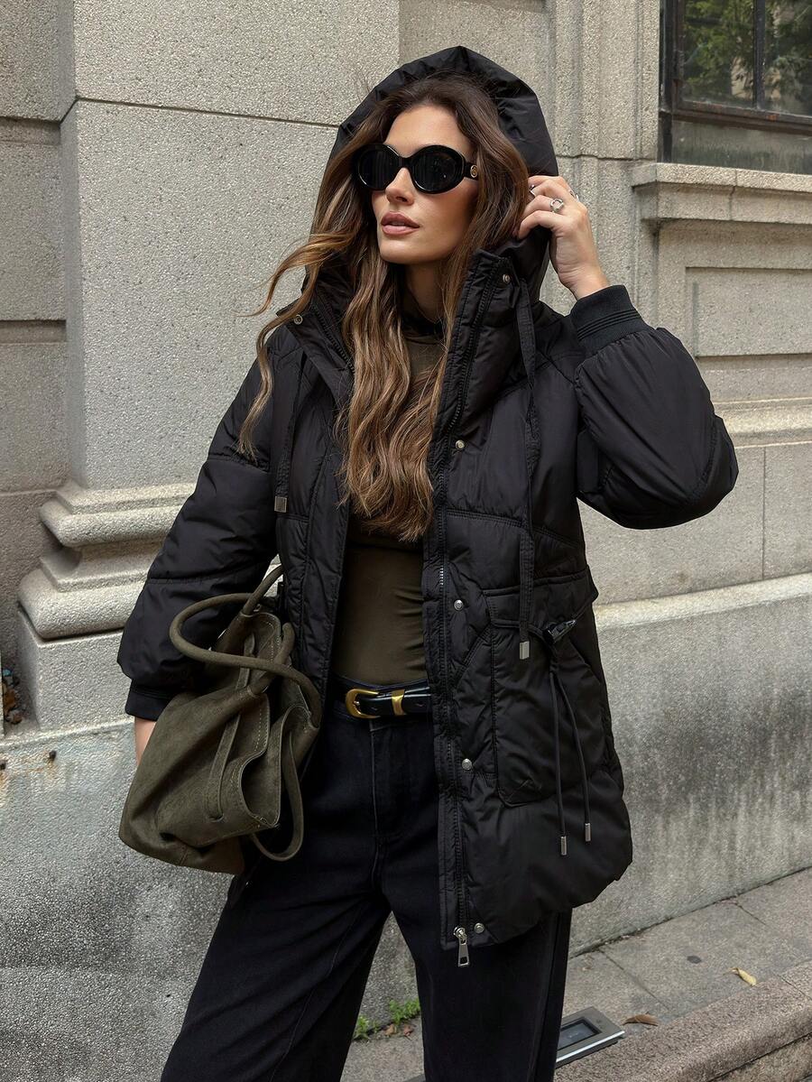 EMERY ROSE Manteau à capuche polyvalent et de couleur unie pour femmes, manteau d'hiver pour femmes, manteau d'hiver pour femmes pour l'automne, pour sortir - Noir - Voir 1