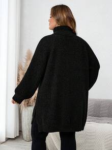 SHEIN CURVE+ 大码女式高领长袖宽松休闲套头毛衣，秋冬款 - 黑色 - 查看 6