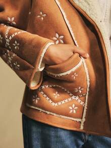 Poéselle Boho Sherpa Lined Embroidered Jacket For Women - Vintage Western Fleece Coat, Boho Embroidered Faux Shearling Jacket For Women - Cozy Sherpa Lined Western Coat, Warm Button Down Outerwear,Oversized Button Down Outerwear, Fall Winter Must-Have,Vintage Embroidered Fleece Jacket, Autumn/Winter - Brown - View 7