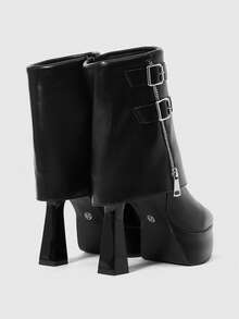 ROMWE 1 Pair Women's Punk Style Platform High Heel Pointed Toe Side Zipper Ankle Boots, Suitable For Autumn/Winter For Christmas - Black - View 8