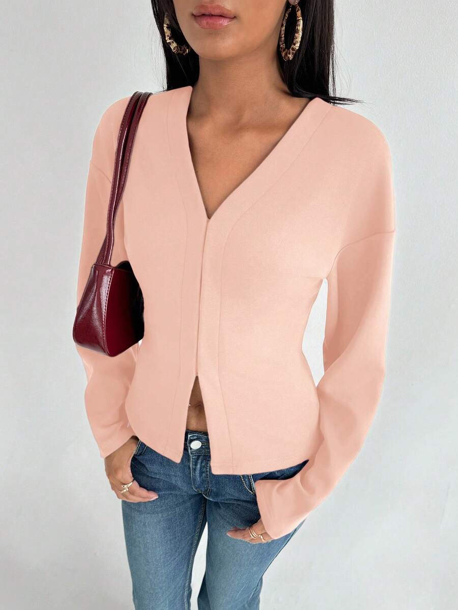 Aloruh Women's Fashionable French Retro V-Neck Raglan Sleeve Long Sleeve Pink Knit Shirt - Pink - View 1