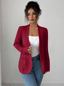 SHEIN PETITE Women's Casual Ribbed Brushed Open Front Side Pocket Short Lightweight Jacket - Burgundy - View 4