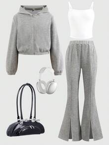 SHEIN Ensemble adolecente minimaliste décontracté : cardigan à capuche, veste courte, débardeur et pantalon évasé - Kaki - Voir 1