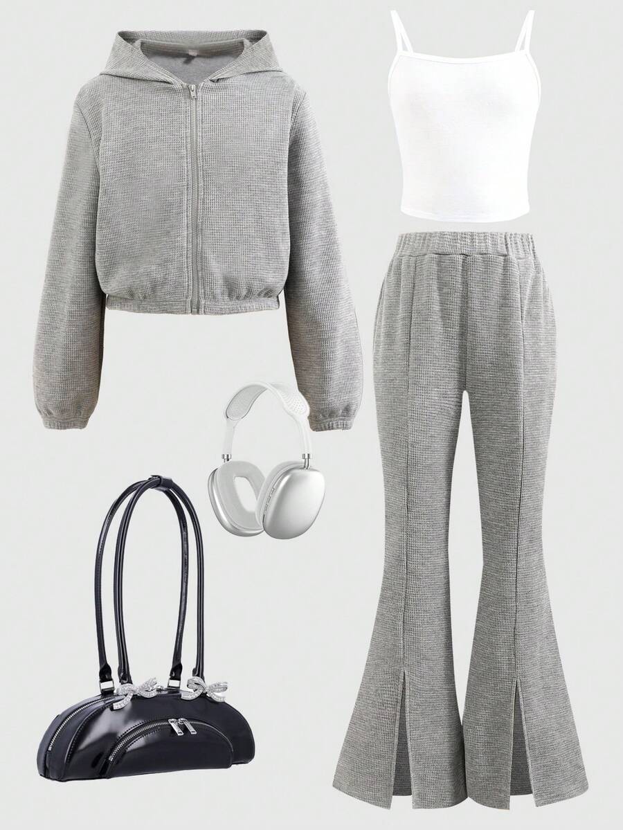 SHEIN Ensemble adolecente minimaliste décontracté : cardigan à capuche, veste courte, débardeur et pantalon évasé - Kaki - Voir 1