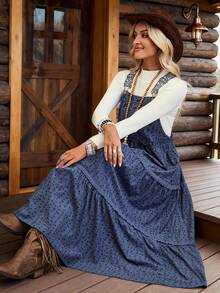 女式卡其色灯芯绒印花宽松可调节长款西部休闲吊带连衣裙，LanaWest - 灰藍色 - 查看 8