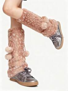 ROMWE Fairycore 1 par de calentadores de piernas con diseño lindo de ciervos, calentadores de piernas gruesos y grandes con pompones esponjosos estilo Y2K, ajuste elegante, adecuados para uso diario, otoño/invierno, vacaciones y fiestas