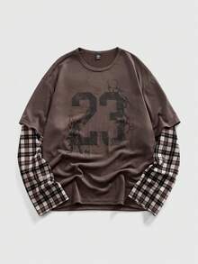ROMWE MEN Prep Men's Retro Plaid Print Crew Neck Long Sleeve Pullover Sweatshirt - Brown - View 1