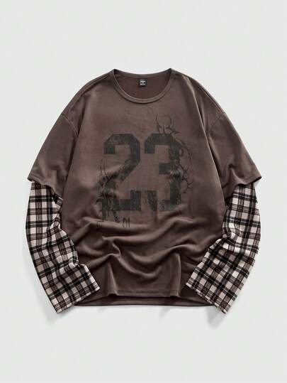 Prep Men's Retro Plaid Print Crew Neck Long Sleeve Pullover Sweatshirt