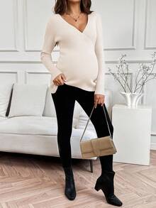 SHEIN Pregnant Women's Solid Color Overlap V-Neck Long Sleeve Fitted Nursing Sweater, Autumn/Winter - Apricot - View 4