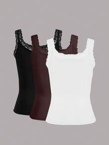 Calvaya 大码纯色撞色蕾丝无袖休闲背心，适合夏季 - 彩色 - 查看 2