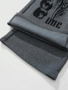 ROMWE MEN Men's Casual Cross Anime Cartoon Graphic Drawstring Waist Sweatpants - Dark Grey - View 8