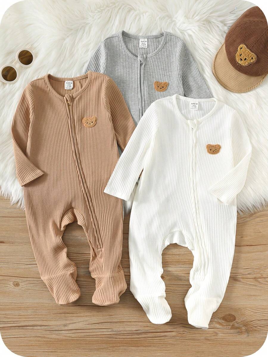 SHEIN 3pcs Newborn Baby Unisex Casual Cute Solid Color & Cartoon Pattern Long Sleeve Romper Jumpsuit, Baby Winter Clothes Baby Outfits Unisex For Fall Baby Boy Fall Newborn Zipper Suit Neutral Baby Clothes Unisex Baby Casual Zipper Romper - Multicolor - View 1