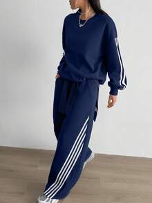 Aidyla Set de 2 sudaderas con capucha de felpa con rayas de color contrastante, estilo callejero de moda