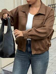 Dazy Plus Plus Size Women Casual Solid Color Zipper Collar Loose Motorcycle Jacket, Street Style, Autumn/Winter Women Coats - Brown - View 3