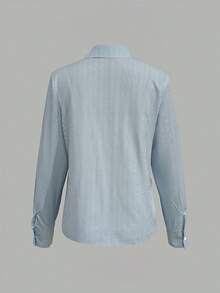 EMERY ROSE 女士长袖衬衫，翻领，纽扣前襟，条纹马匹图案印花设计，休闲宽松版型，日常百搭蓝色条纹衬衫，女士优雅商务休闲衬衫，女士正式衬衫 - 彩色 - 查看 2