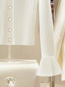 SHEIN Franclia Áo thun tay loe thanh lịch, một hàng khuy, có gân thời trang dành cho nữ - trắng - Xem 4