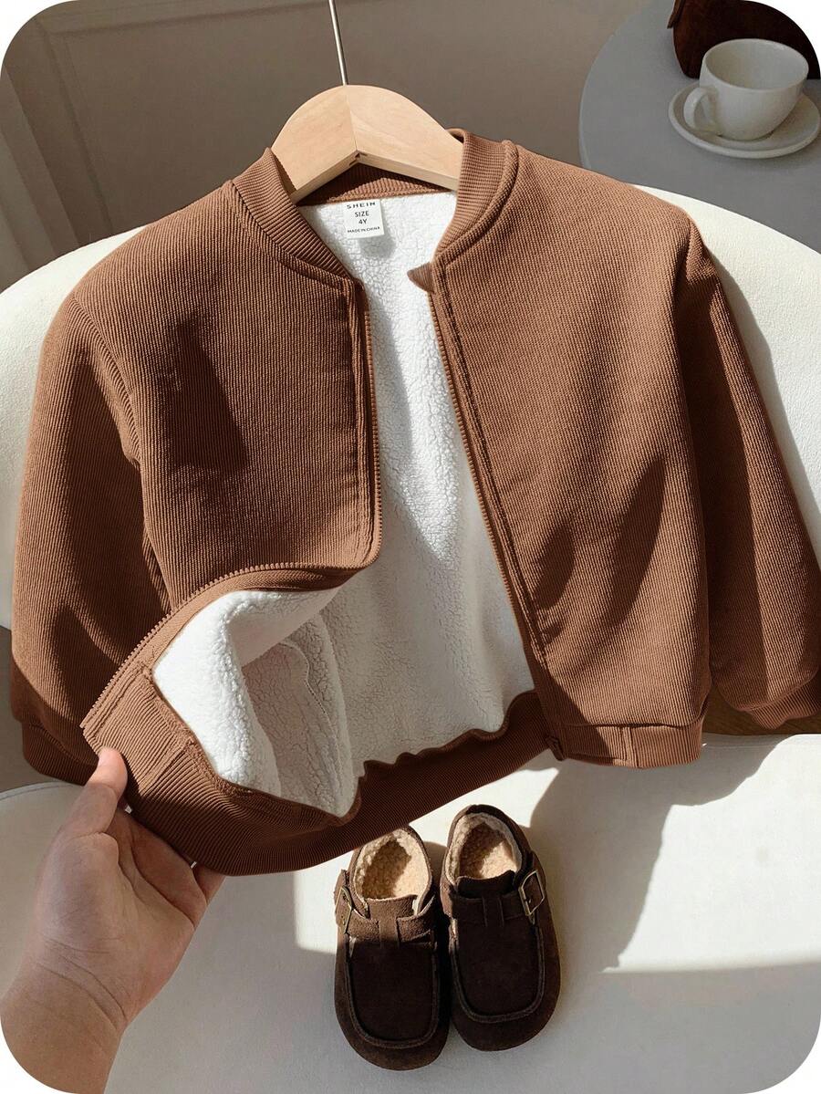 SHEIN 1 pièce Veste kaki doublée thermique épaisse unisexe pour bébé, vêtement d'extérieur décontracté et chaud pour bébés garçons et bébés filles, automne/hiver - Tabac - Voir 1