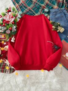 SHEIN EZwear 女士休闲红色圆领运动衫，适合秋冬季，适合圣诞节，圣诞树印花 - 紅色 - 查看 3
