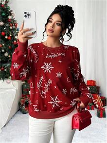 Elenzga Sudadera elegante con estampado navideño talla grande, adecuada para el transporte, otoño/invierno
