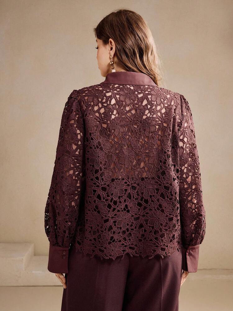 Elegant Plus Size Brown Woven Fabric Shirt With Collar Extra Long Puff Sleeves And Embroidery Detail