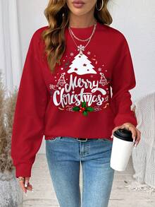 SHEIN LUNE Sudadera holgada de cuello redondo de manga larga con estampado de árbol de Navidad rojo minimalista casual y letras "Feliz Navidad" para mujer, talla grande, adecuada para otoño/invierno, reunión familiar, conjunto familiar para fiesta de Año Nuevo - Multicolor - Ver 1