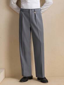 AKNOTIC Men's Casual Business Commute Striped Print Slant Pocket Seam Front Suit Pants - Grey - View 4