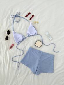 Swim Mod 女士甜美格纹三角杯挂脖低腰比基尼套装 - 藍色 - 查看 2