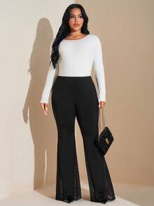 SHEIN Tall CURVE 加大码纯色简约喇叭裤，女士休闲日常秋季服装 - 黑色 - 查看 6