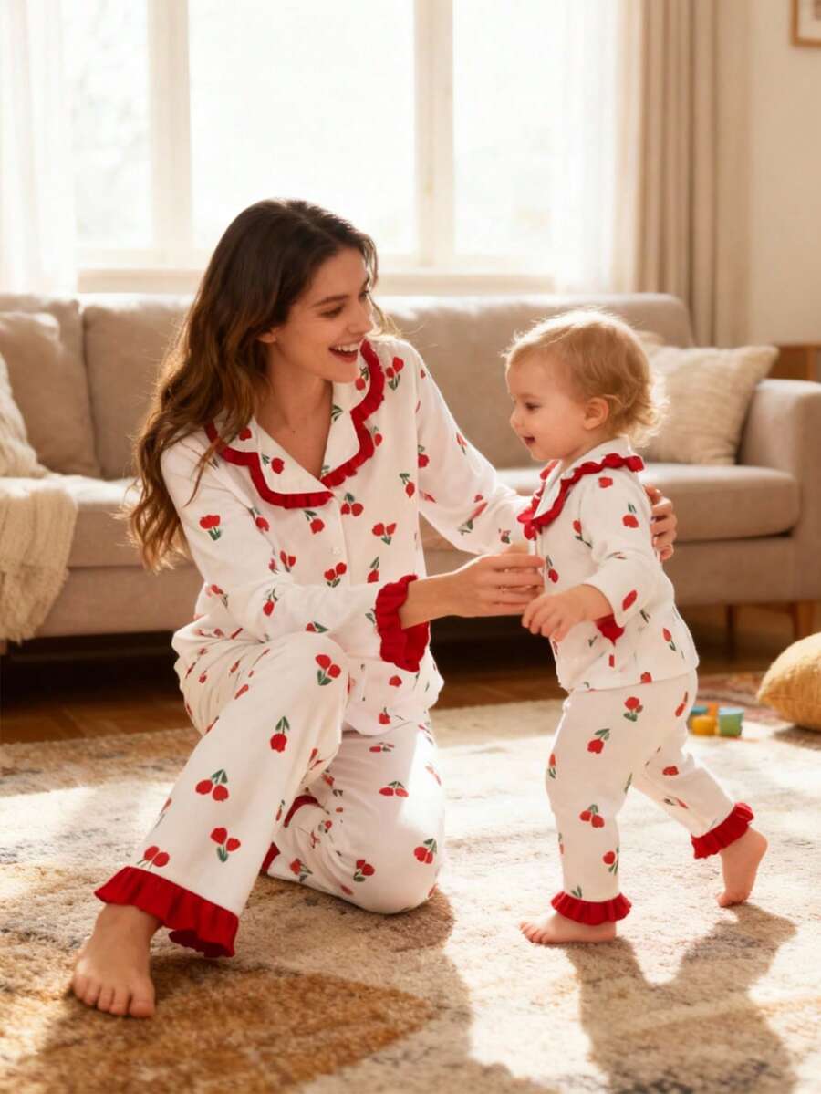 Bộ đồ mặc nhà gồm 2 chiếc áo dài tay in hoa và quần dài cho bé gái, thiết kế đơn giản và dễ thương - Đỏ và trắng - Xem 1