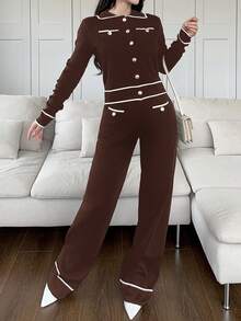 Feyla 2pcs Women Contrast Color Block Button Front Pocket Long Sleeve Top And Pants Set 2 Pieces Set In Fall/Winter - Coffee Brown - View 5