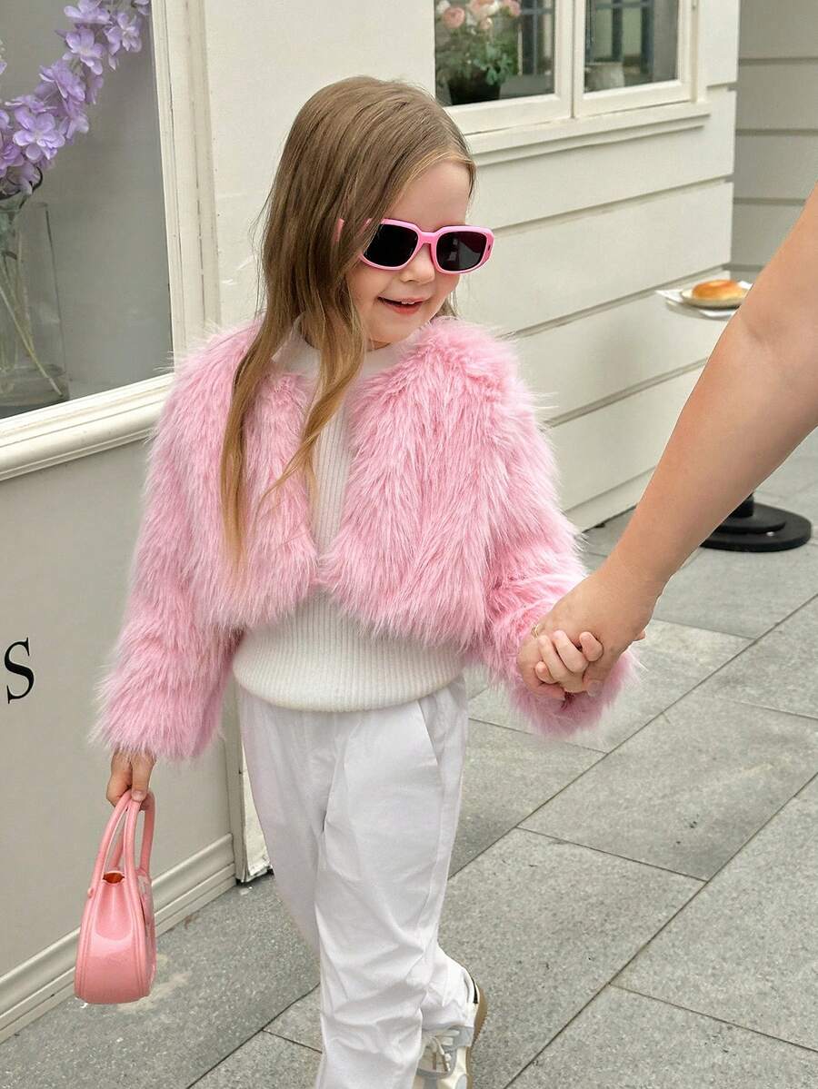 SHEIN Young Girl Stylish Fluffy Trim Cardigan Vest, Elegant Casual Outwear For Fall & Winter - Dusty Pink - View 1