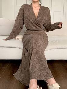 DAZY 秋冬季宽松商务休闲优雅V领长袖T恤和美人鱼裙两件套，适合新年、圣诞节、婚礼、派对、正式场合 - 棕色 - 查看 7