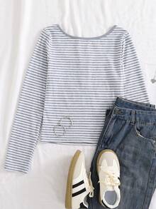 Áo thun cardigan cổ tròn kẻ sọc dài tay đa năng cho bé gái tuổi teen, mùa thu/đông - Xám - Xem 2