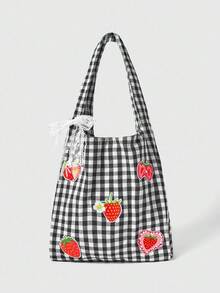 ROMWE Kawaii 1 chiếc balo thêu hình dâu tây, họa tiết kẻ caro đỏ trắng cổ điển, túi đeo vai dung tích lớn, túi xách nhẹ, đa năng cho mùa tựu trường và kỳ nghỉ. - màu đen - Xem 1