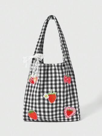 Kawaii 1 pieza Mochila vintage a cuadros rojos y blancos con bordado de fresa, bolso de hombro de gran capacidad, bolso de tela ligero y versátil para volver a la escuela y de vacaciones