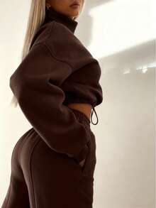 INAWLY 女式标语印花立领落肩长袖运动衫和运动裤休闲两件套，秋季 - 咖啡棕 - 查看 3