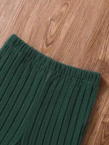 SHEIN Tween Girl 纯色罗纹连帽运动衫和喇叭裤休闲两件套，春秋季 - 墨綠色 - 查看 4