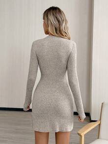 Easowa V-Ausschnitt Metall Knopf Dekor Taille A-Linie Langarm Strickkleid, flauschige strukturierte gerippte Stoff, lässig entspannter eleganter Büro-Pendler Vintage Stil, Herbst/Winter Damen Kurzkleid - Khaki - Übersicht 2