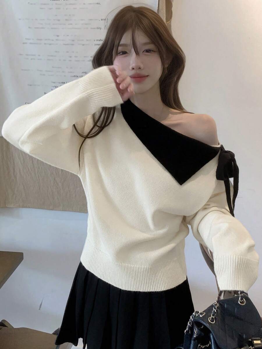 DAZY Áo len dệt kim chắp vá màu tương phản thời trang & thanh lịch dành cho nữ, phong cách thường ngày, mùa thu/đông - trắng - Xem 1