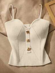 Cévolie Damski letni elegancki bezrękawnik w jednolitym kolorze z metalową klamrą, dzianinowy top