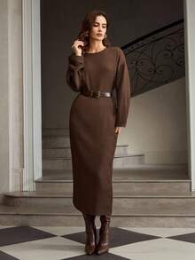 ZEYLAH 女士简约褶皱纯色圆领长袖中长连衣裙，休闲日常穿着 - 咖啡 - 查看 4