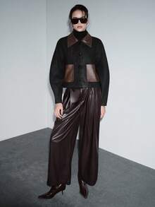 Lumivelle 女士冬季外套，时尚系列，拼接仿皮PU和格子领口袋设计夹克 - 彩色 - 查看 7