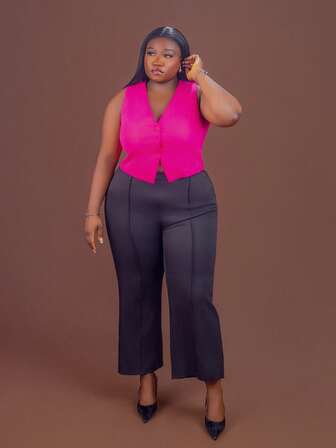 CurvyTilda Plus Size Lightweight Rose Red Suit Vest Graduation,Back To School,Teacher Outfits For Women In Fall/Winter