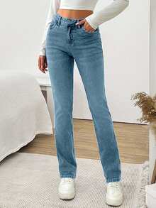 EURMUSE QUẦN JEANS CẠP CAO THẲNG KIỂU GÓT CÓ KHÓA KÉO CHO NỮ - Màu xanh nhạt - Xem 3