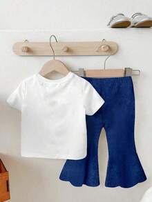 女婴T恤套装，仿牛仔布GIRL MAMA心形全印花喇叭裤，仿蝴蝶结印花，蓝色字母印花，可爱活泼，百搭基本款两件套，适合外出 - 彩色 - 查看 2