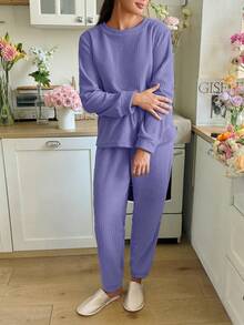 Snug Reverie Women's Solid Color Sherpa Crew Neck Long Sleeve Top And Pants Pajama Set, Fluffy Cozy Winter Clothes - Violet Purple - View 6