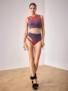 Menodora SHEIN Sport Women's Tie-Dye Print Hollow-Out Tank Top And Hollow-Out Design Bikini Bottoms Sports Set - Red Violet - View 6
