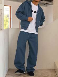 DAZY Navy Blue Men's Hooded Sweatshirt Set With Thermal Lining, Zip-Up Front, Autumn/Winter - Navy Blue - View 3